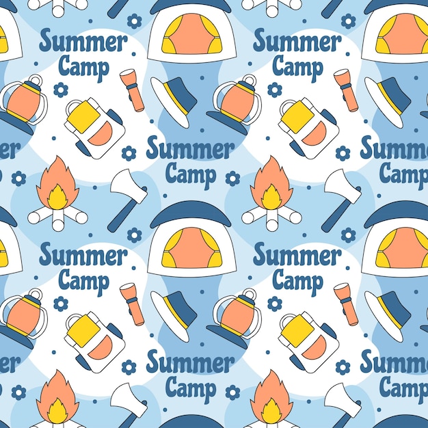 Campamento de verano Patrón sin costuras de elemento de camping y viaje en plantilla Ilustración dibujada a mano