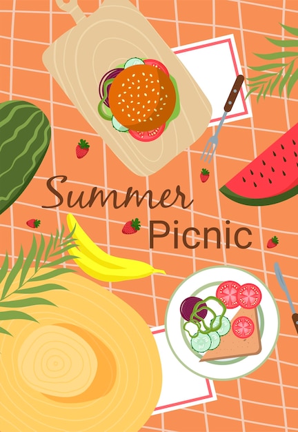 Campamento de verano Sombrero de verano Plátanos Hamburguesa de sandía Póster o pancarta Ilustración vectorial Diseño conceptual