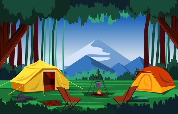 Campamento de verano Tienda al aire libre Montaña Naturaleza Aventura Vacaciones