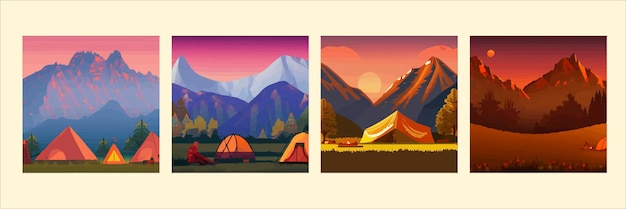 Campamento de verano con tienda de campaña de pareja y hoguera por la noche paisaje de dibujos animados vectoriales de un parque natural