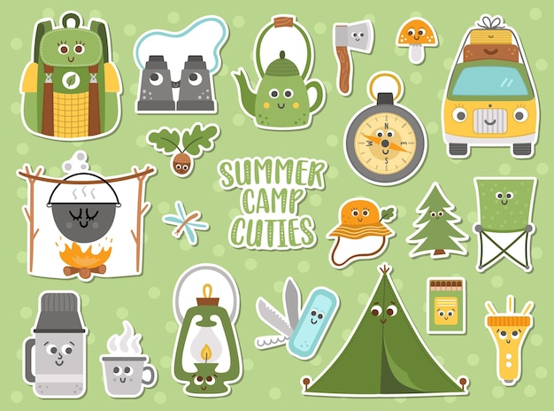 Campamento de verano vectorial conjunto de pegatinas kawaii lindas camping senderismo equipo de pesca colección de parches paquete de iconos de turismo de naturaleza al aire libre con mochila van carpa parches de viaje forestal xa