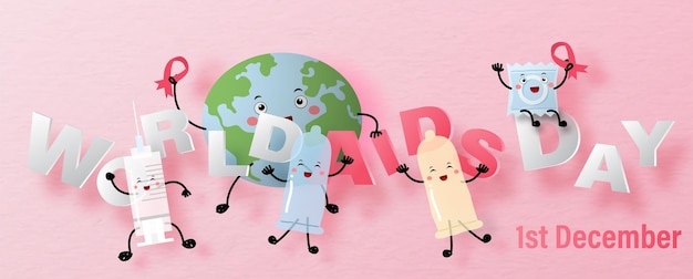 Campaña de carteles del día mundial del SIDA en personajes de dibujos animados y diseño de vectores de pancartas