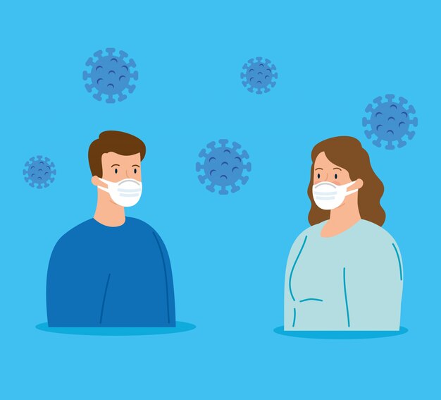 Campaña de distanciamiento social para covid 19 con pareja usando mascarilla