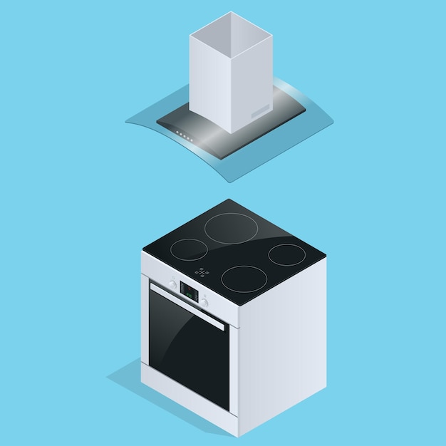 Campana extractora y estufa eléctrica para ilustración de cocina aislada sobre fondo blanco. Icono de campana extractora. Ilustración isométrica 3d plana.