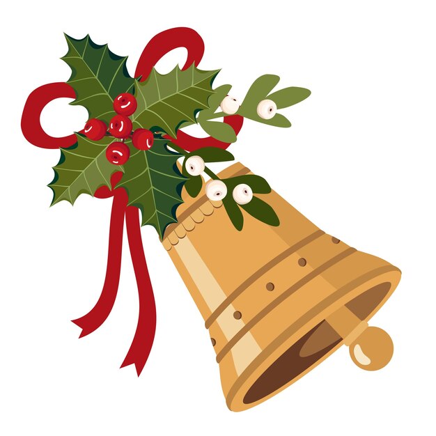 Campana de Navidad dorada decorada con muérdago con bayas