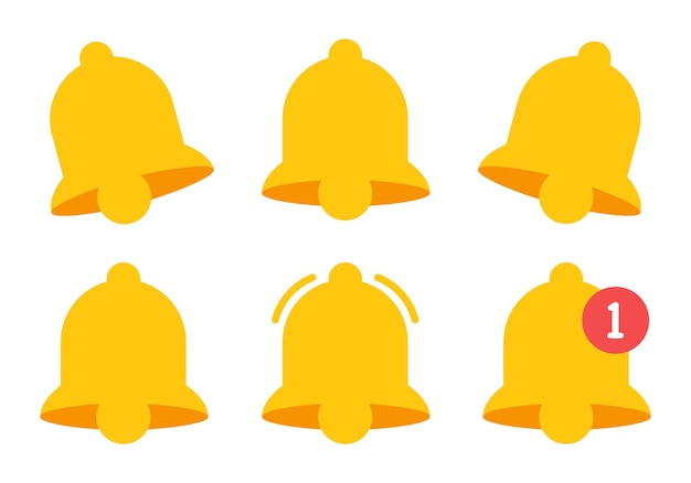 Campana de notificación en estilo plano sobre fondo blanco Conjunto de iconos de notificación amarilla