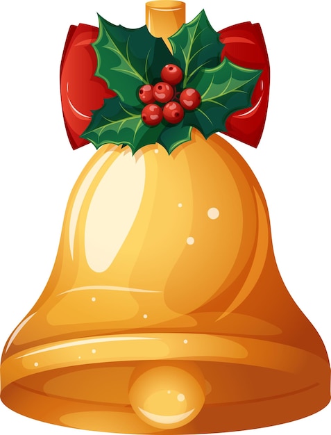 Vector campana de oro con lazo rojo y campana de navidad de muérdago en estilo de dibujos animados