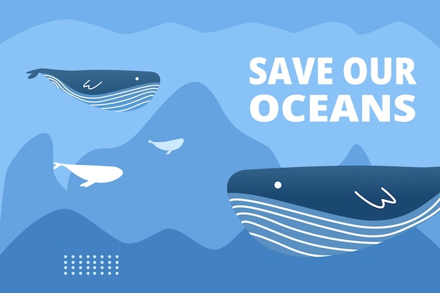 Vector campaña save our ocean con ilustración de diseño plano de ballenas