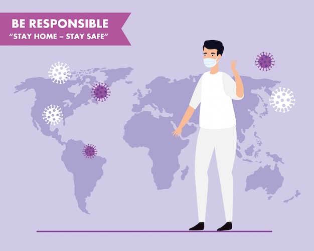Campaña de ser responsable quedarse en casa con paramédico y mapa mundial