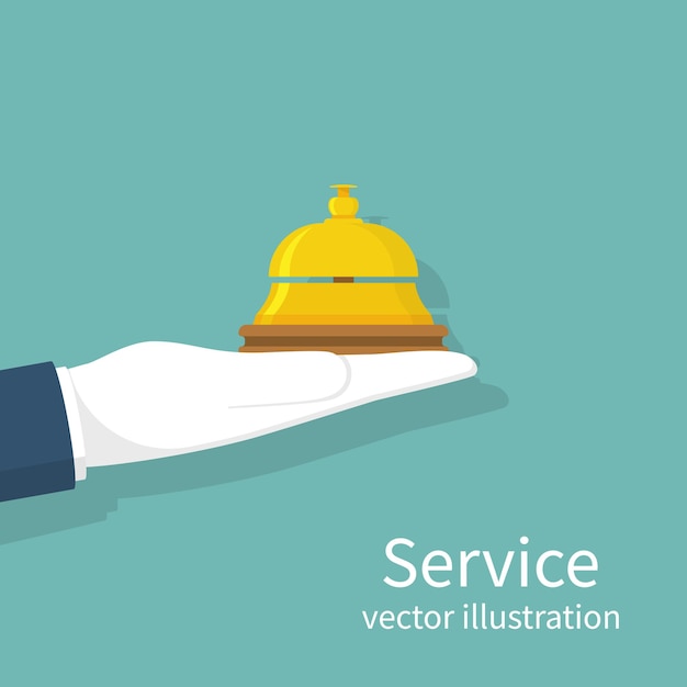 Vector campana de servicio de mano. diseño plano de ilustración vectorial. aislado en el fondo. hotel campana. concepto de recepcionista. retrato, conserje. dando servicio.