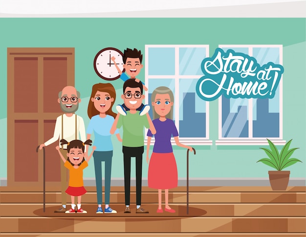 Vector campaña stay at home con miembros de la familia.