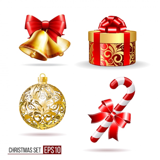 Campanas, caja de regalo, candycane y bola de navidad