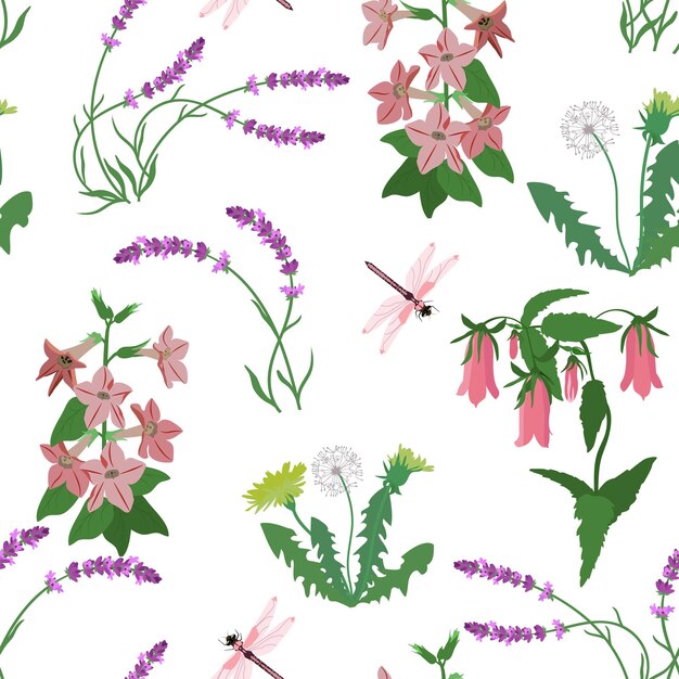 Campanas de campo lavanda diente de león y libélula sobre un fondo blanco sin costuras Ilustración vectorial Para decorar textiles embalaje papel tapiz