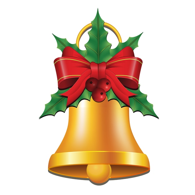Vector campanas doradas con cinta y decoración de acebo para navidad