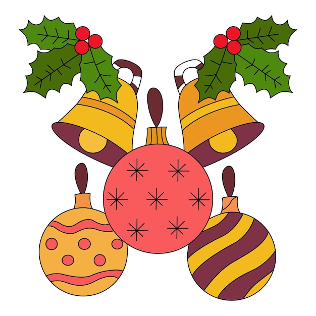 Campanas de Navidad y adornos con hojas de acebo Decoración festiva de vacaciones dibujos animados divertidos para niños