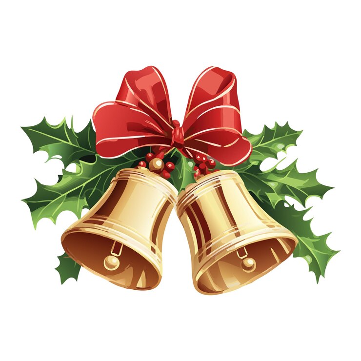 Campanas de Navidad doradas con arco rojo y hojas de acebo Ilustración festiva de vacaciones