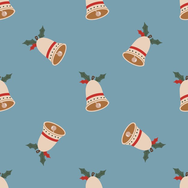 Campanas de Navidad con hojas patrón sin costuras concepto de Navidad y Año Nuevo Textura vectorial vintage retro dibujada a mano para impresiones de papel tapiz envoltura textil