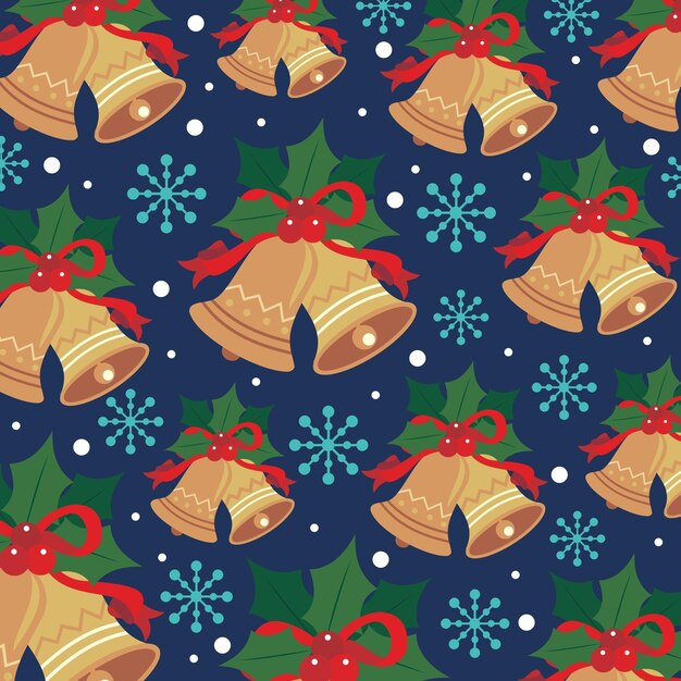 Campanas de Navidad y Holly con copos de nieve