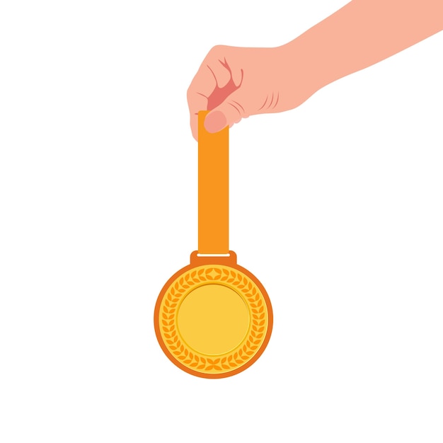 Campeón de la medalla de oro en la mano Vector icono plano