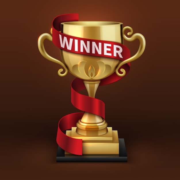 Campeón de oro trofeo de la taza con la cinta roja ganador. Concepto de vector de campeonato deportivo. Copa de oro y copa de oro con cinta ilustración ganador