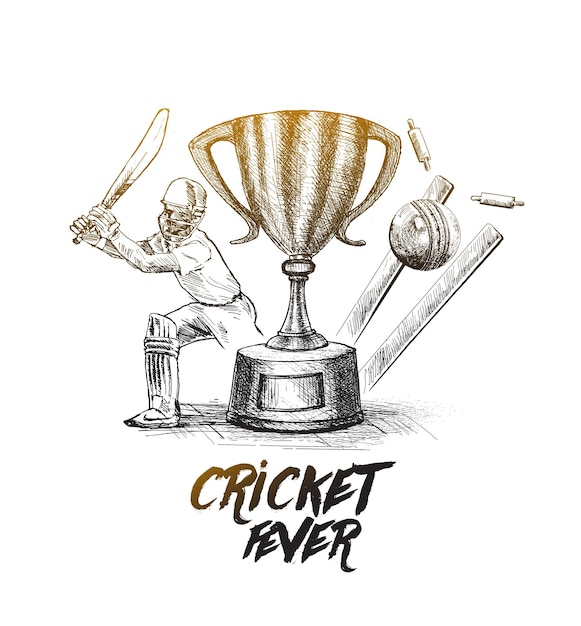 Campeonato de Cricket con Ball Wicket con casco en Cricket Stadium Freehand Sketch Graphic Design Vector ilustración