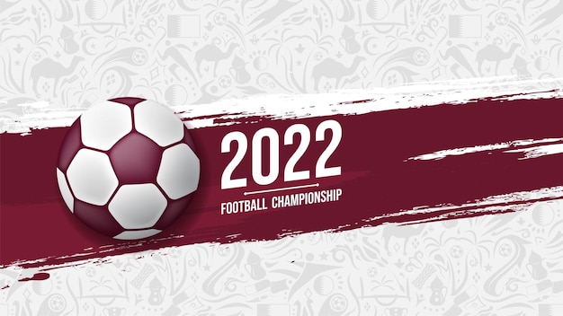 Campeonato de fútbol 2022 con balón 3d sobre fondo de patrón de fútbol deportivo