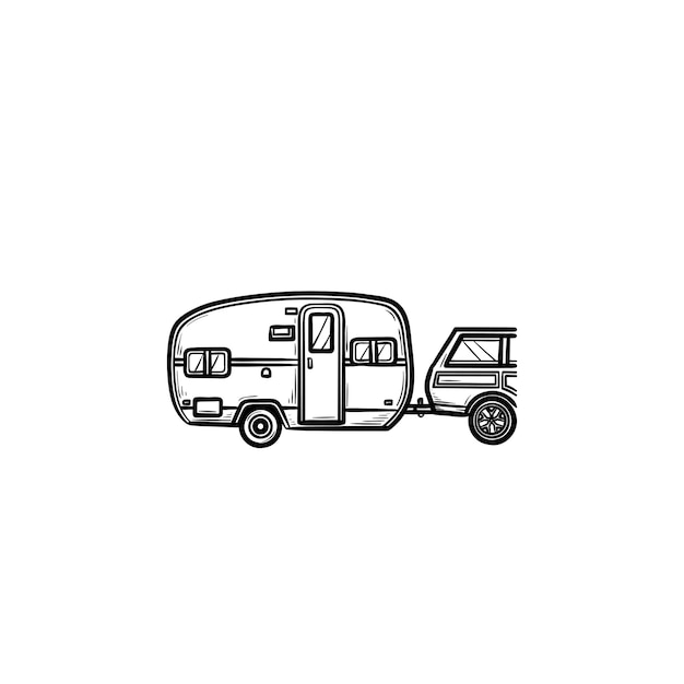 Camper y coche icono de doodle de contorno dibujado a mano. Vacaciones en caravana y viaje, remolque de viaje, concepto de recreación