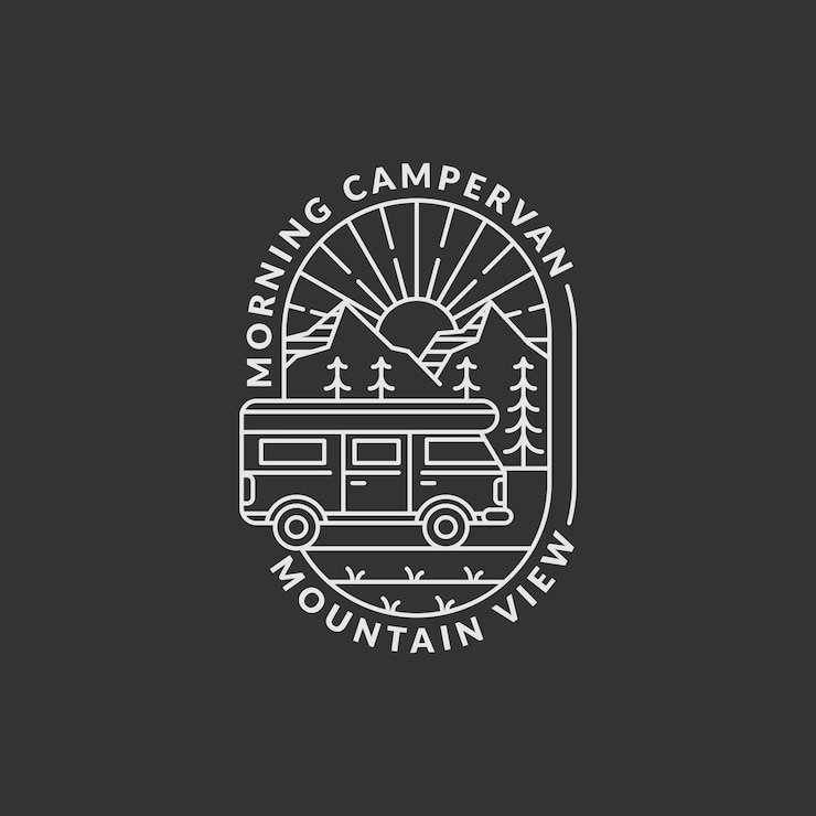Vector y campervan insignia de montaña ilustración vectorial mañana montaña y campervan monolina o arte de línea