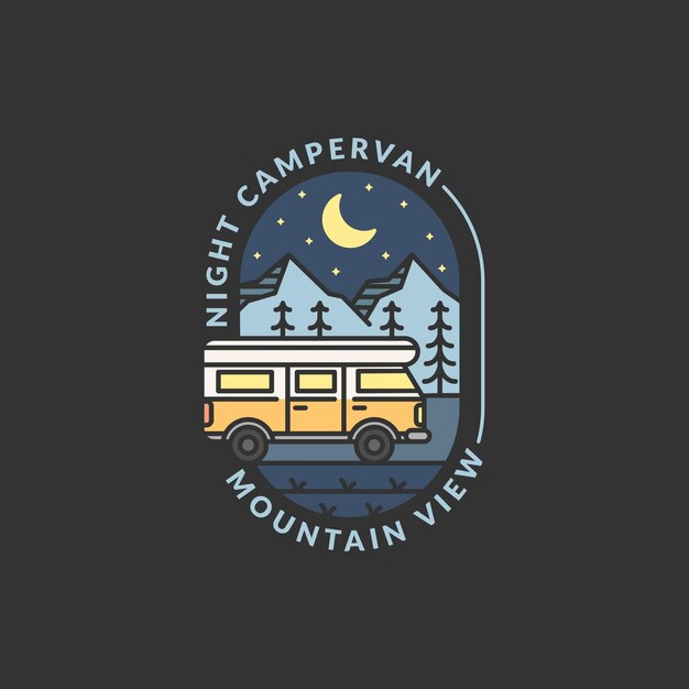 Vector y campervan insignia de montaña ilustración vectorial noche montaña y campervan monolina o arte de línea