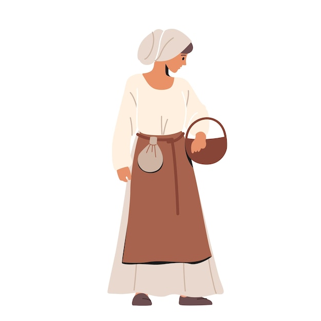 Campesina medieval vistiendo ropa histórica sosteniendo la cesta en las manos aisladas sobre fondo blanco. personaje de personaje femenino de la edad media, niña antigua. ilustración de vector de gente de dibujos animados