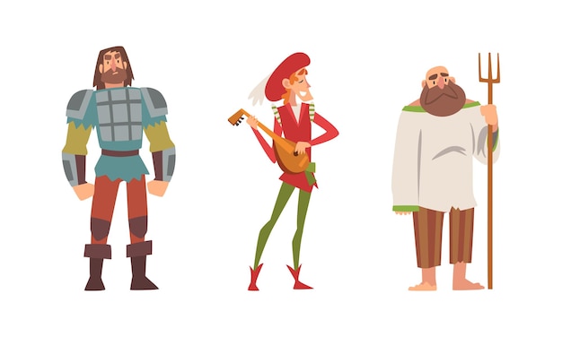 Campesino medieval con horquilla y bardo tocando el conjunto vectorial de laúd