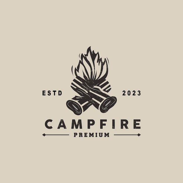 Campfire Logo Design Hoguera Vector Adventure Camp Outdoor Wood Flame Vintage Retro Ilustración