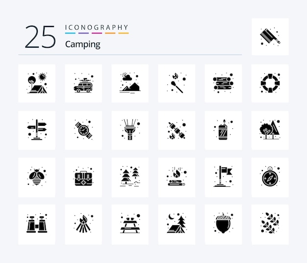 Camping 25 paquete de iconos de glifos sólidos que incluye la salida del sol de la llama del autobús del partido de energía