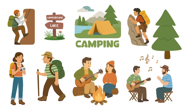 Camping activities vector Family and friends with outdoor recreation Flat vector in cartoon style