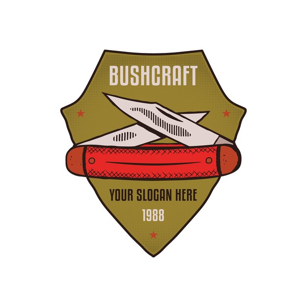 Camping Adventures diseño de insignia con cuchillo Senderismo bushcraft emblema Hikin Travel logo gráficos Stock vector retro etiqueta aislada sobre fondo blanco