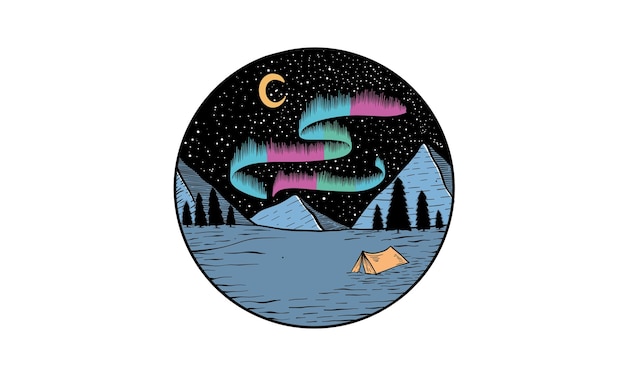 Camping bajo la aurora ilustración vectorial dibujada a mano