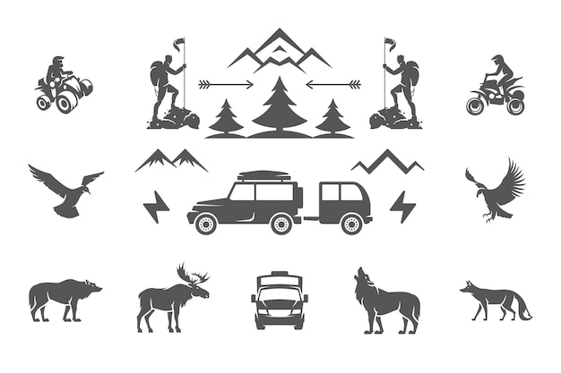 Camping y aventuras al aire libre elementos de diseño e iconos conjunto ilustración vectorial