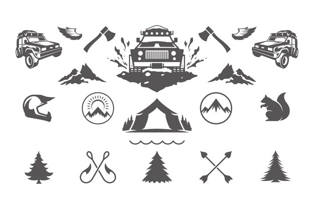 Camping y aventuras al aire libre elementos de diseño e iconos conjunto ilustración vectorial