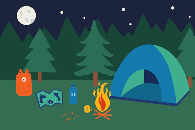 Vector camping en el bosque paisaje natural nocturno carpa turística y fogata mapa de viaje mochila y taza camping nocturno turismo de aventura senderismo fondo panorámico de camping vectorial