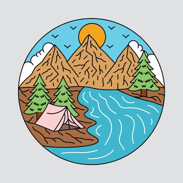 Camping con buena vista de la montaña y el río ilustración gráfica diseño de camiseta de arte vectorial