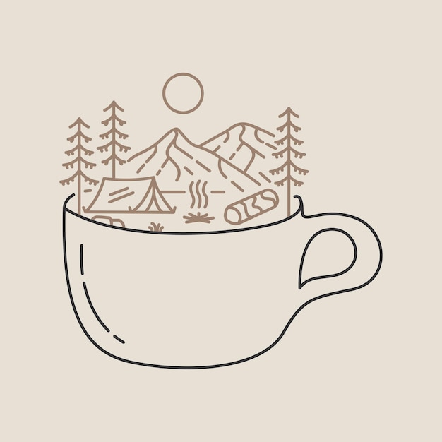 Camping con un café junto a la fogata Monoline Design For Apparell