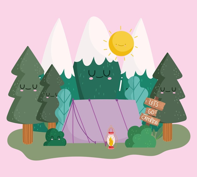 Camping carpa montañas árboles bosque naturaleza en diseño de estilo de dibujos animados