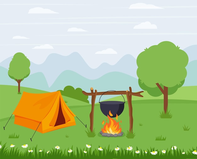 Camping con una carpa en la naturaleza con un fuego Ilustración vectorial en estilo plano