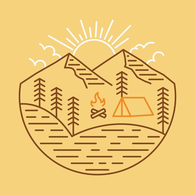 Camping cerca del lago y las montañas con la belleza del amanecer en la naturaleza ilustración gráfica diseño de camiseta de arte vectorial
