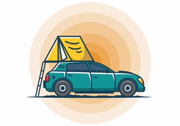 Camping con coche ilustración plana