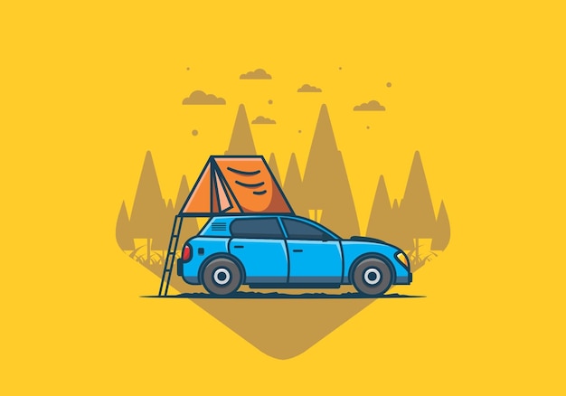 Camping con coche ilustración plana