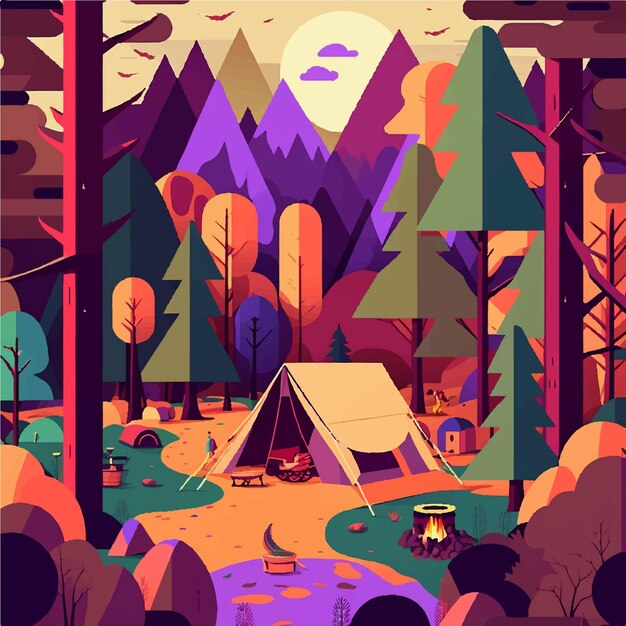 Camping colorido en el bosque