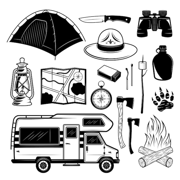 Camping conjunto de elementos de diseño con autocaravana y equipos para viajero en estilo monocromo