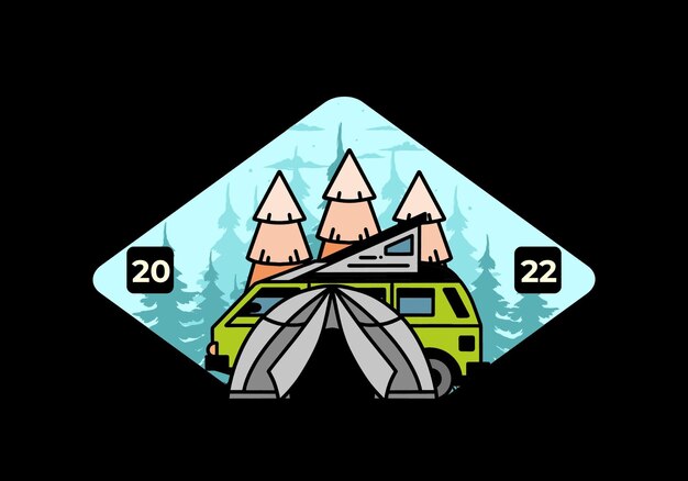 Camping con diseño de ilustración de carpa y coche.