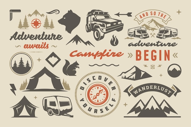 Camping y elementos de diseño de aventura al aire libre conjunto de citas e iconos ilustración vectorial